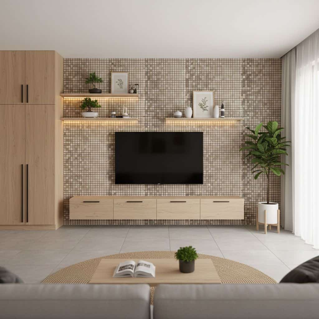 Beige mosaic tiles with textured surface, complemented by wooden shelves and potted plants in a contemporary living room.