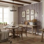 Warm-toned floral wallpaper with textured finish, complemented by rustic wooden dining table and chairs. Bright, inviting spa.