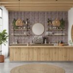 Bright pink textured tile wall behind a coffee bar with wooden shelves and decor.