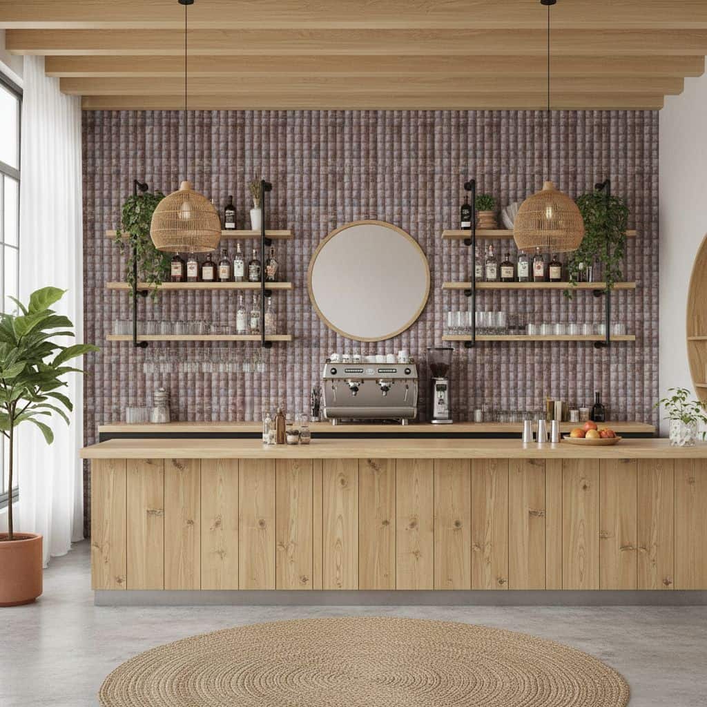 Bright pink textured tile wall behind a coffee bar with wooden shelves and decor.