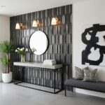 Dark gray textured tile with geometric pattern and matte finish.