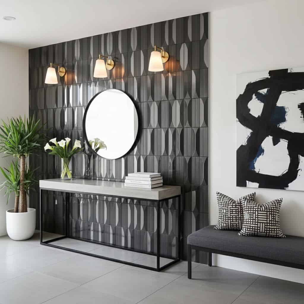 Dark gray textured tile with geometric pattern and matte finish.