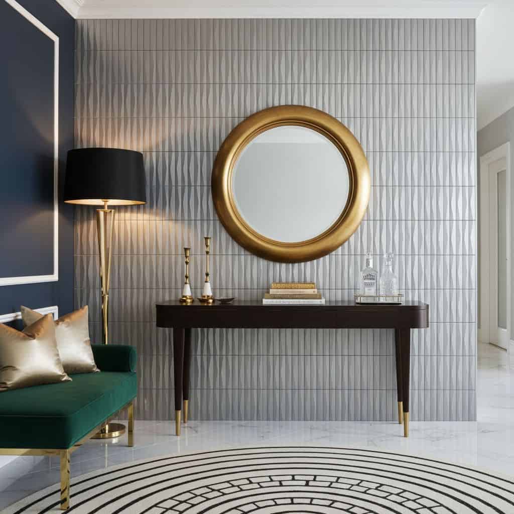 A close-up of a gray textured wall tile with a geometric pattern, used as an accent wall in a contemporary interior.