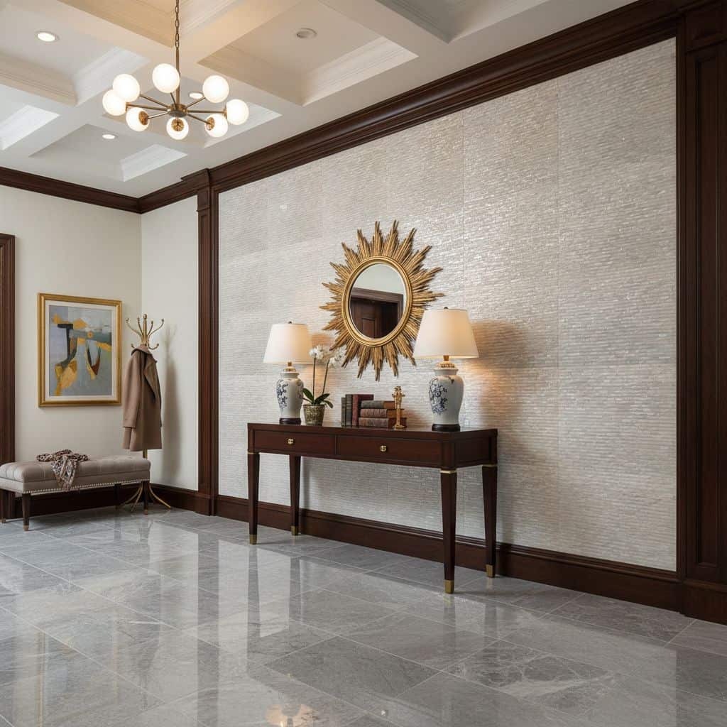 Beige textured tile wall with a glossy finish, complemented by dark wood trim and elegant decor.