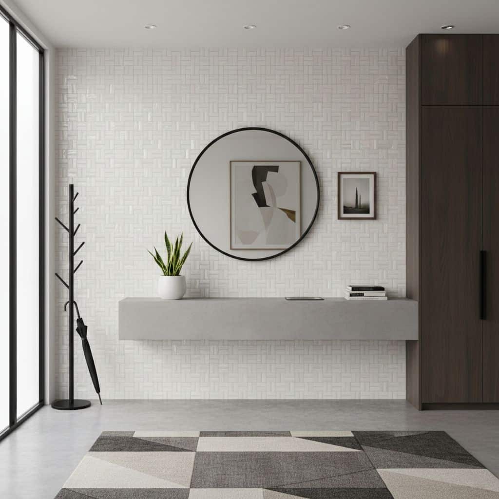 White textured wall tiles with a subtle geometric pattern, paired with a monochrome rug featuring various shades of gray.