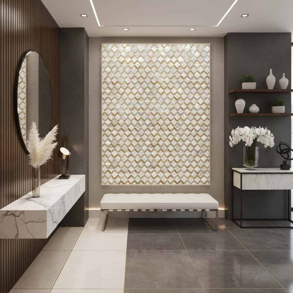 A beige and cream textured tile wall with a geometric pattern, adding elegance to modern interior spaces.