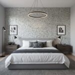 A modern bedroom featuring a mosaic tile wall with small, square, gray tiles creating a textured, contemporary look.