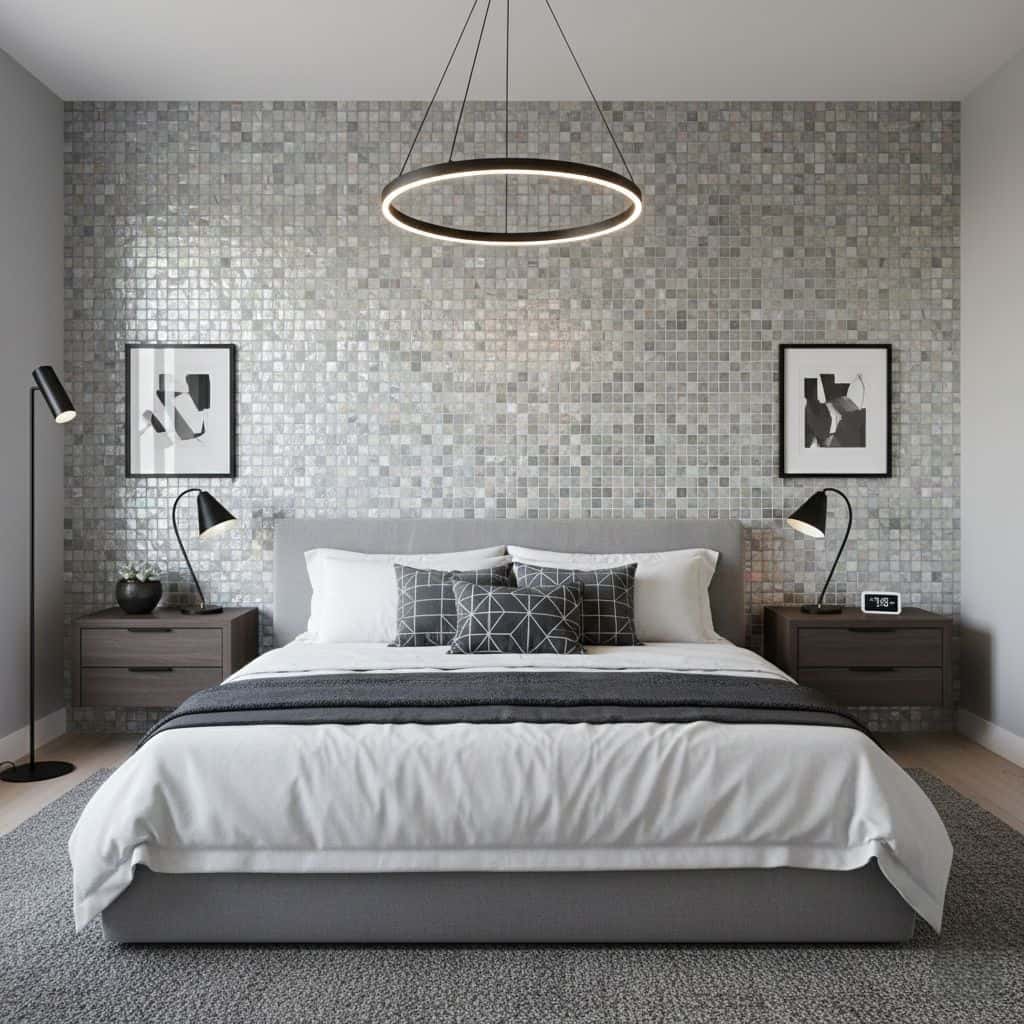 A modern bedroom featuring a mosaic tile wall with small, square, gray tiles creating a textured, contemporary look.