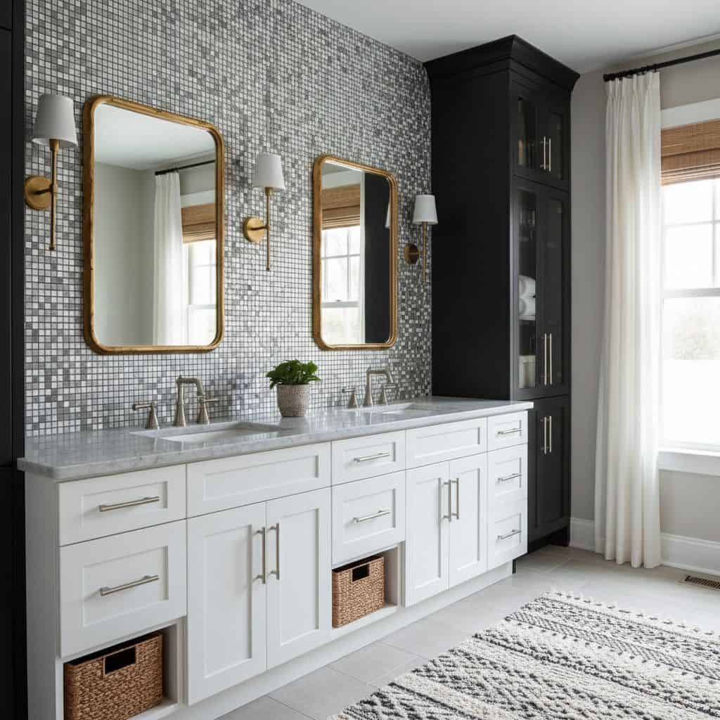 Bright white vanity with silver hardware, paired with a mosaic tile wall in shades of gray and white, and a black cabinet for.