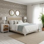 Bright bedroom with blue and white patterned tile accent wall.