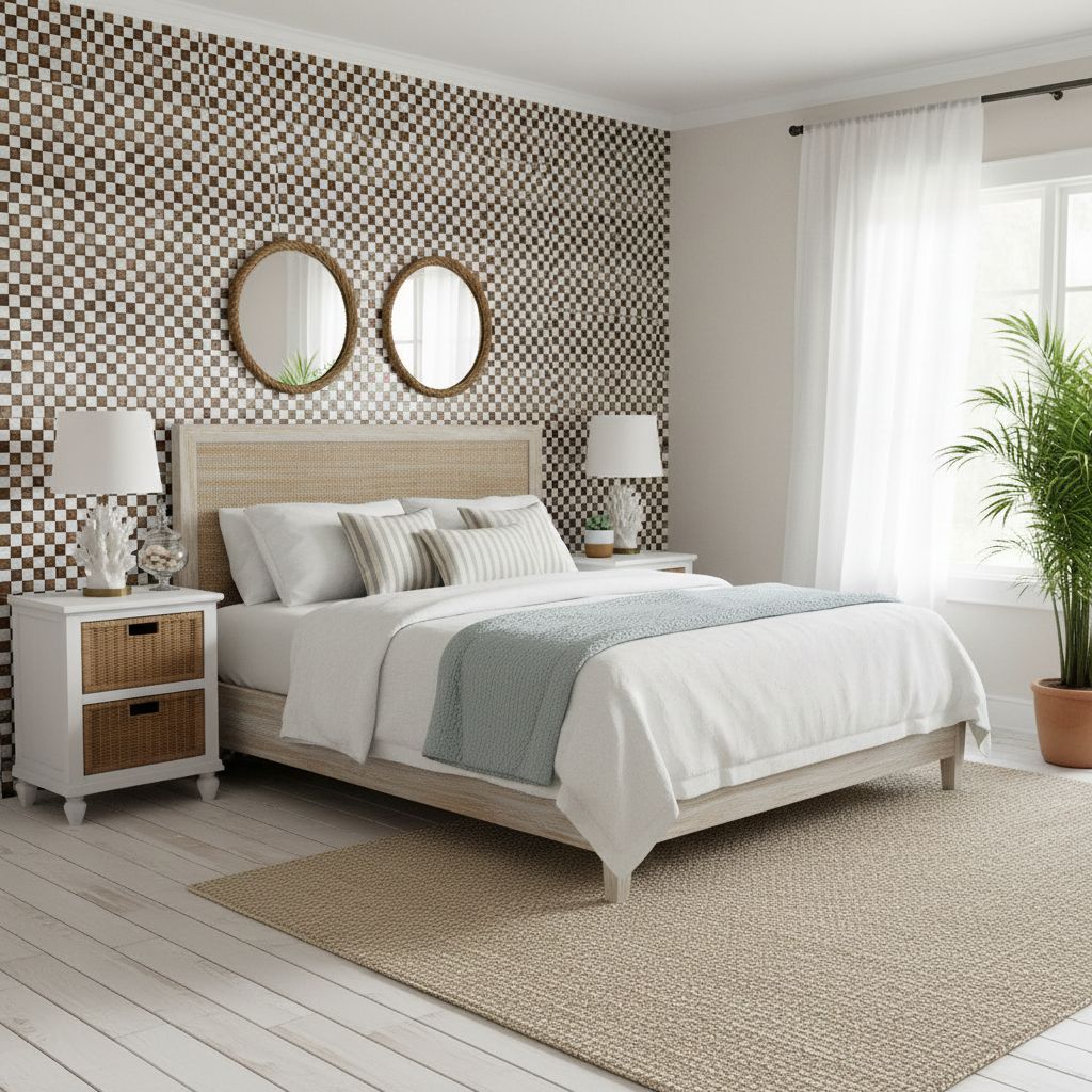 Bright bedroom with blue and white patterned tile accent wall.