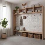 Beige mosaic tile wall with textured surface, wooden storage unit, and decorative hooks in a minimalist interior setting.