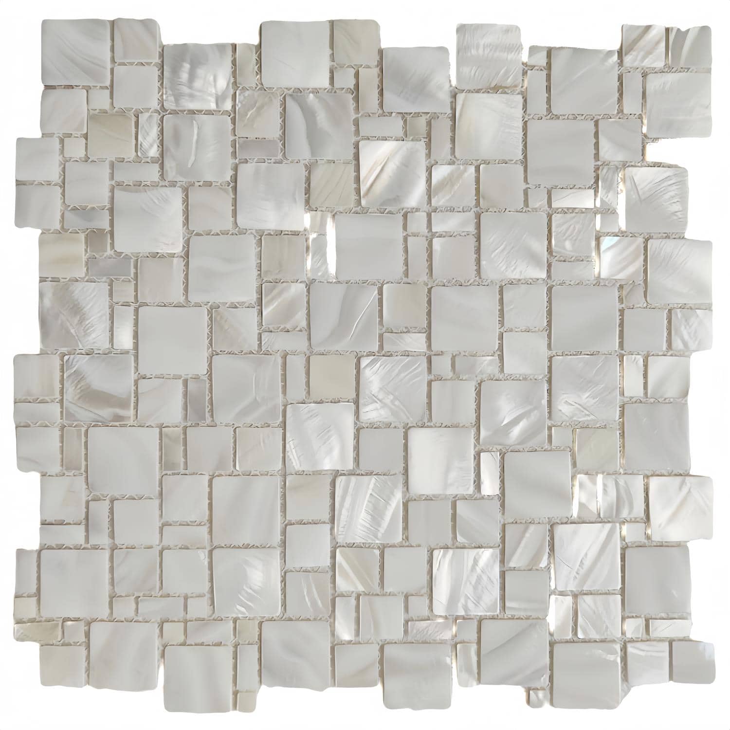 Shimmering white mother of pearl mosaic tile with a smooth, glossy texture. Perfect for elegant backsplashes and luxurious wa.