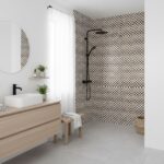 Black and white checkered ceramic tile with matte finish in the shower area.