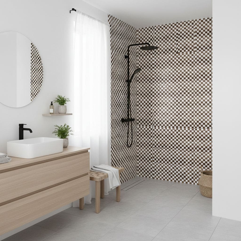 Black and white checkered ceramic tile with matte finish in the shower area.