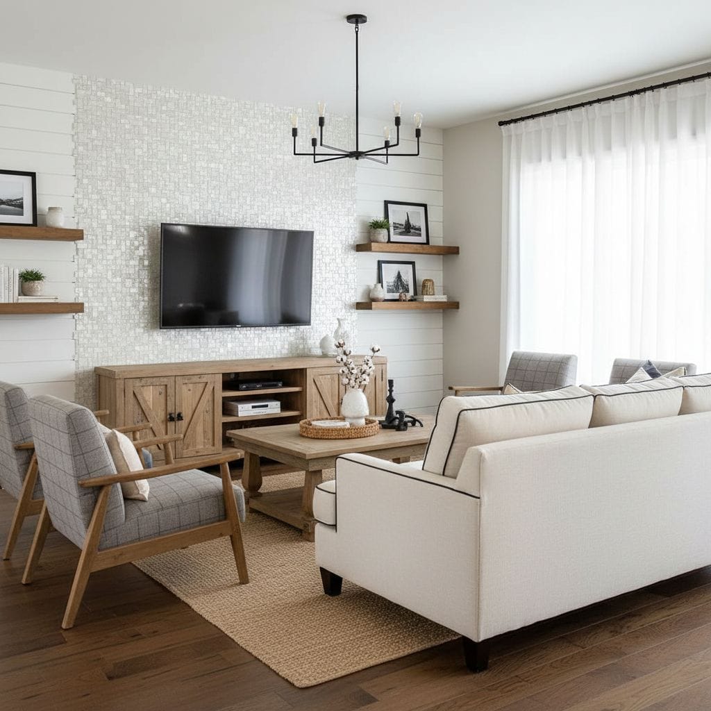 Soft beige and gray fabric sofa with wooden accents and a textured white wall.