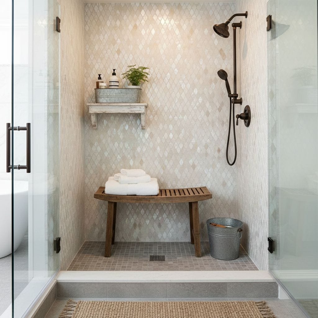 Neutral beige textured wall tiles in a modern shower area with black fixtures and wooden bench.