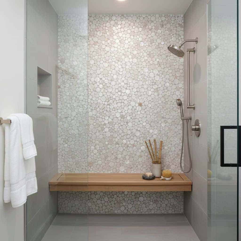 Bright white circular mosaic tiles with subtle texture, creating a clean and modern look.