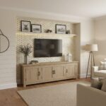 Beige patterned tile wall with a textured surface and subtle geometric design, complementing the neutral decor of the living.
