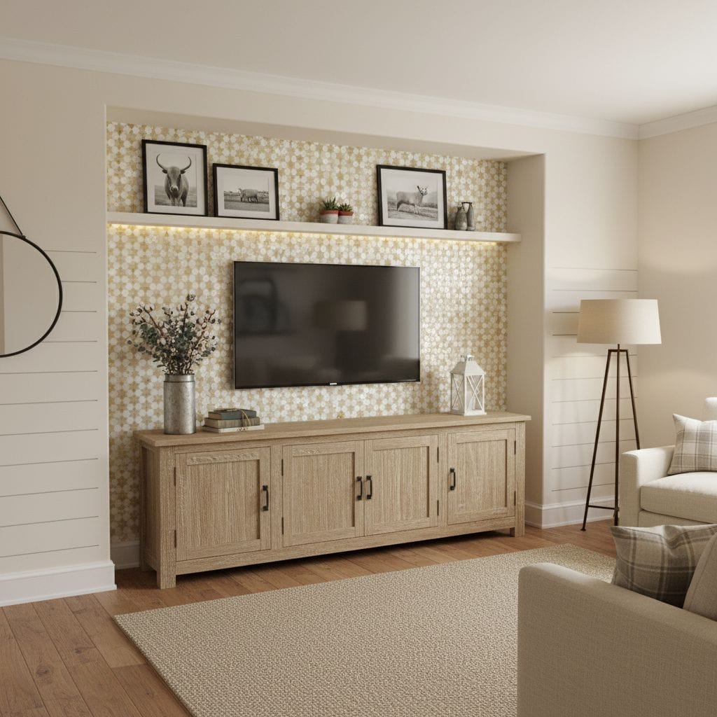 Beige patterned tile wall with a textured surface and subtle geometric design, complementing the neutral decor of the living.