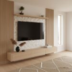 Beige mosaic tile with smooth texture, complemented by light wood decor and natural light.