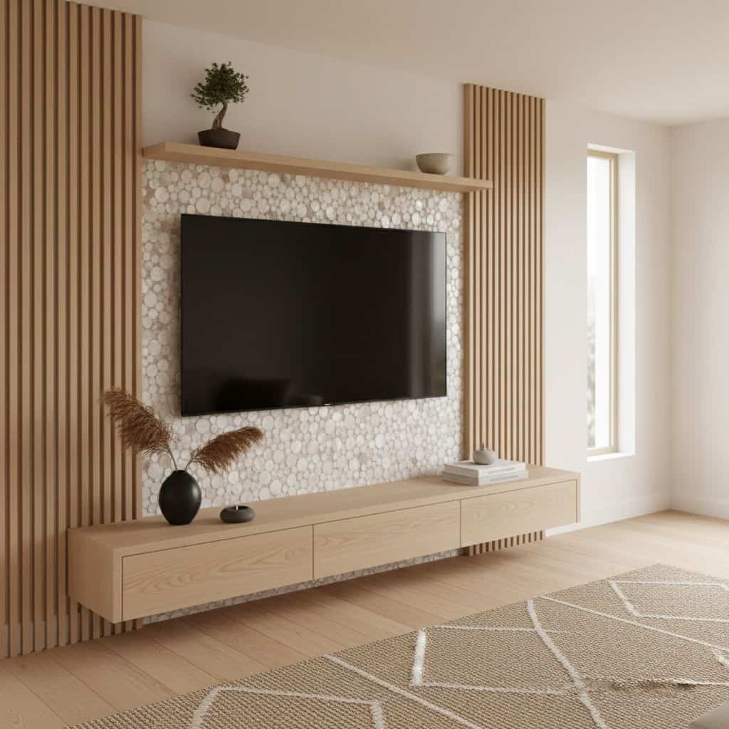 Beige mosaic tile with smooth texture, complemented by light wood decor and natural light.