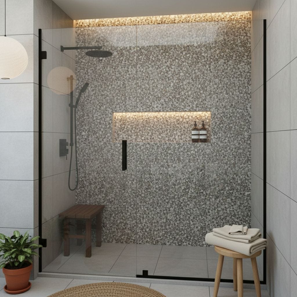 Gray mosaic tile with textured surface in a sleek shower area.