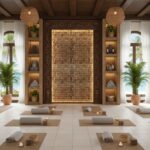 A textured beige tile wall with a mosaic pattern, surrounded by wooden carvings and lush green plants, creating a calming spa.