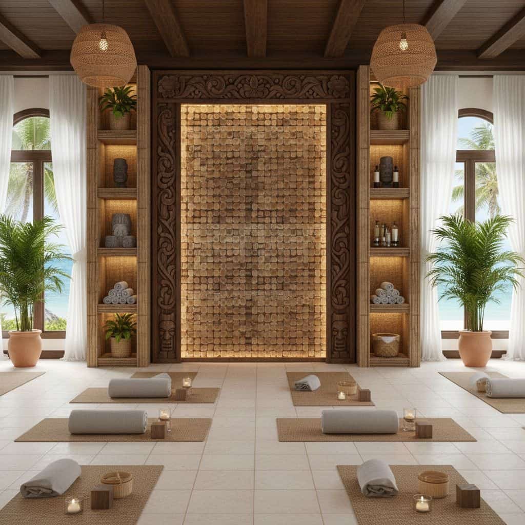 A textured beige tile wall with a mosaic pattern, surrounded by wooden carvings and lush green plants, creating a calming spa.