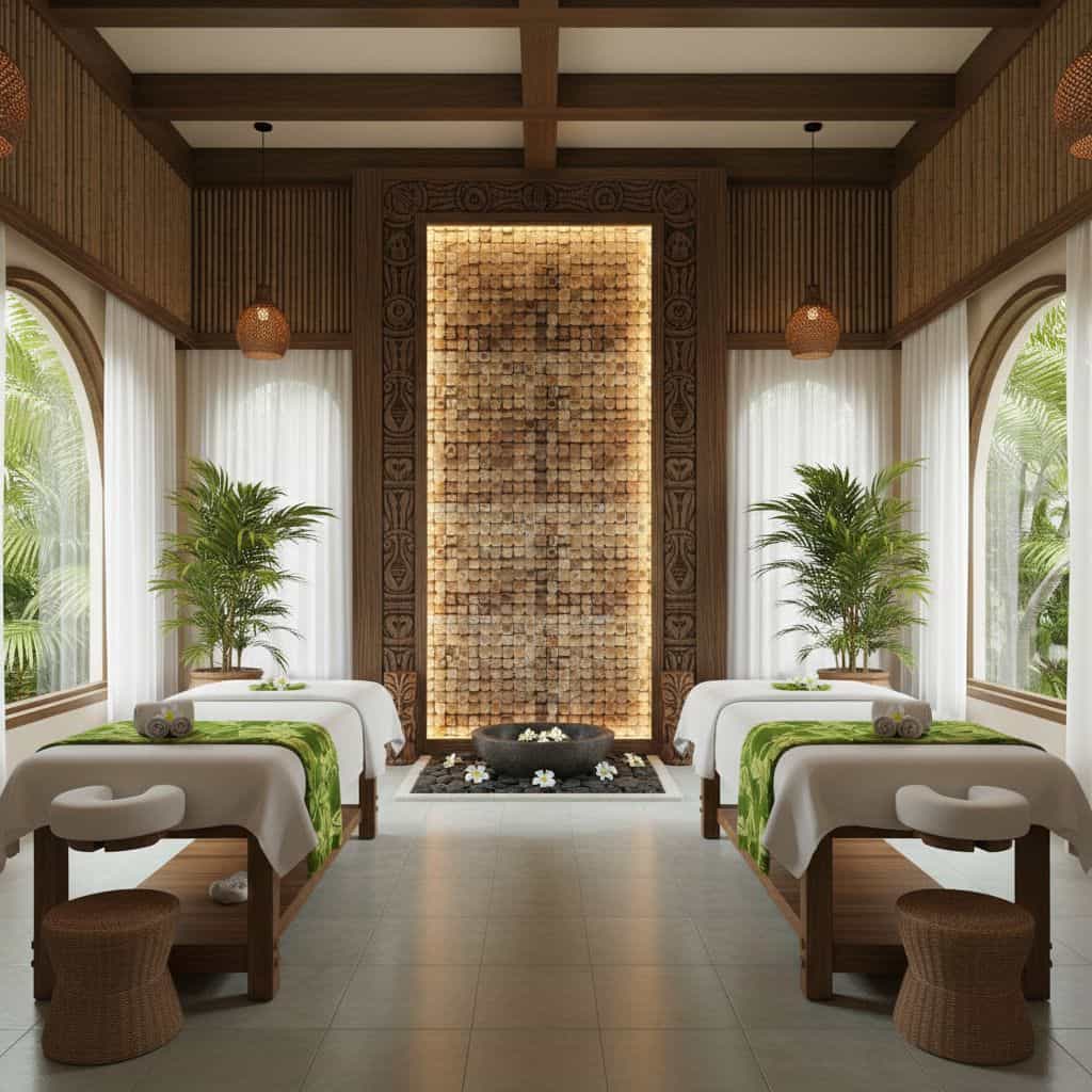 A textured beige tile wall with a warm, natural finish, creating a calming and inviting spa atmosphere.