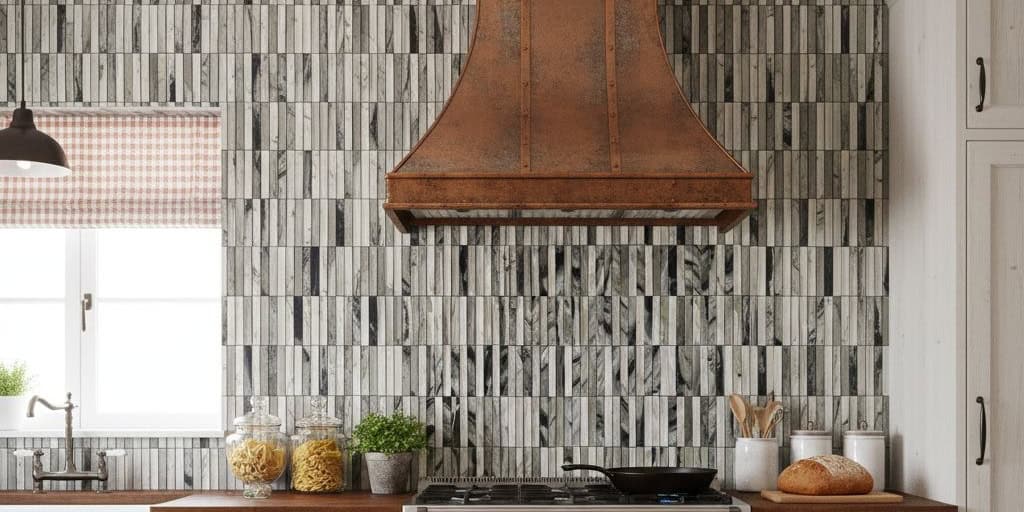 Gray marble tile with a textured, polished surface in a vertical pattern.