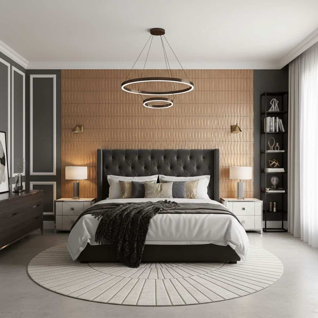 Elegant bedroom featuring a textured wooden wall, black upholstered headboard, and stylish lighting fixtures.
