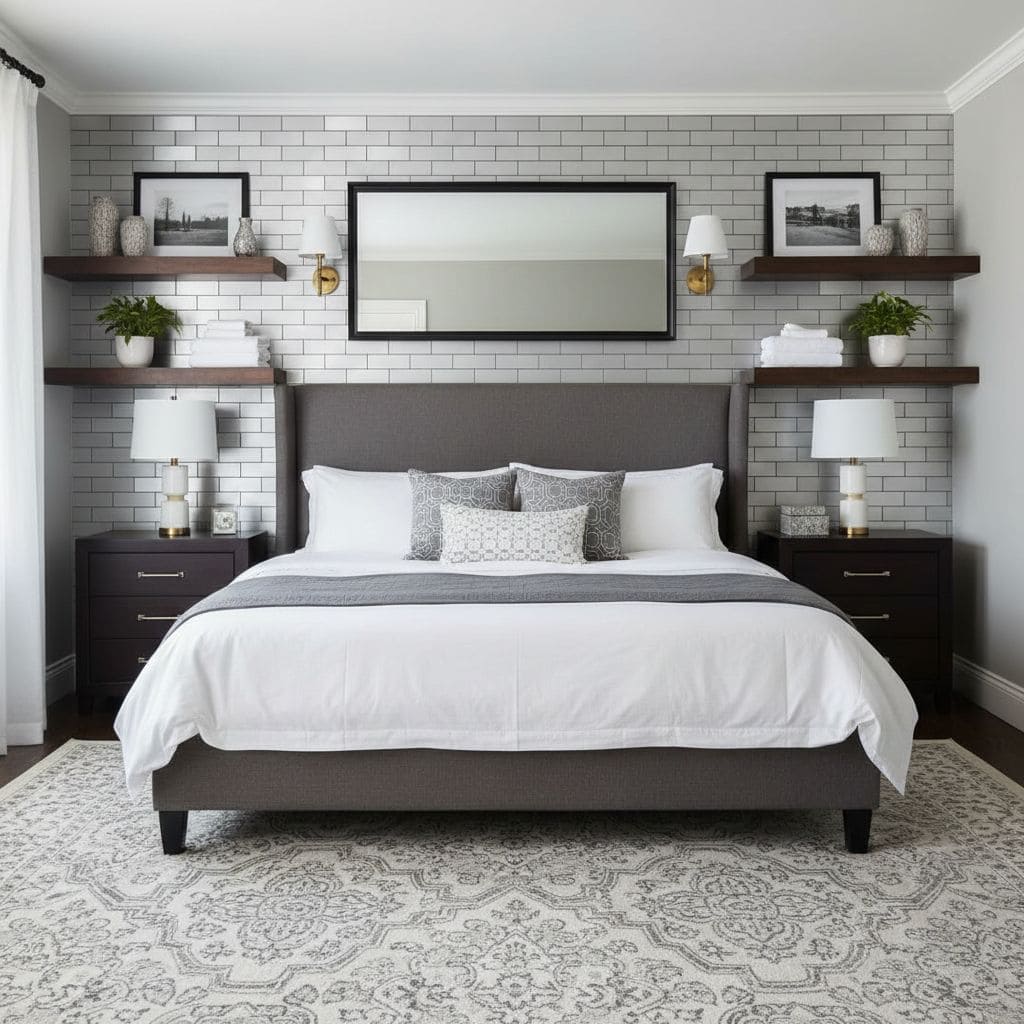 A bedroom featuring a gray brick wall behind the bed, with matching gray upholstered headboard, white bedding, and black nigh.