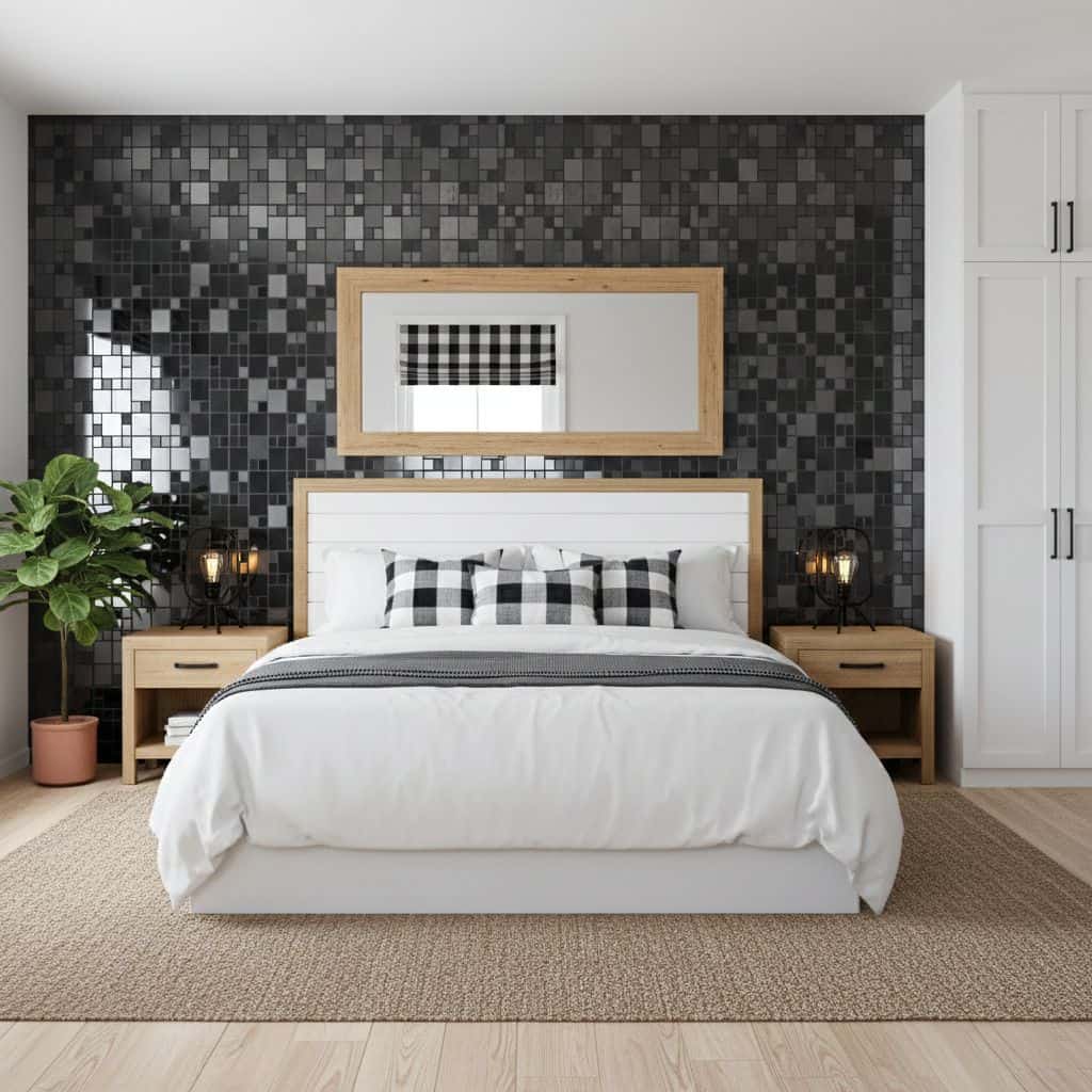 Black mosaic tile wall with textured, glossy finish in bedroom.