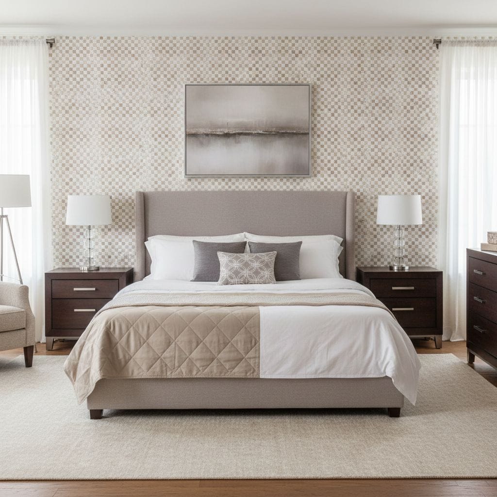 A bedroom with a wall covered in neutral-colored textured tiles, creating a calm and sophisticated ambiance.