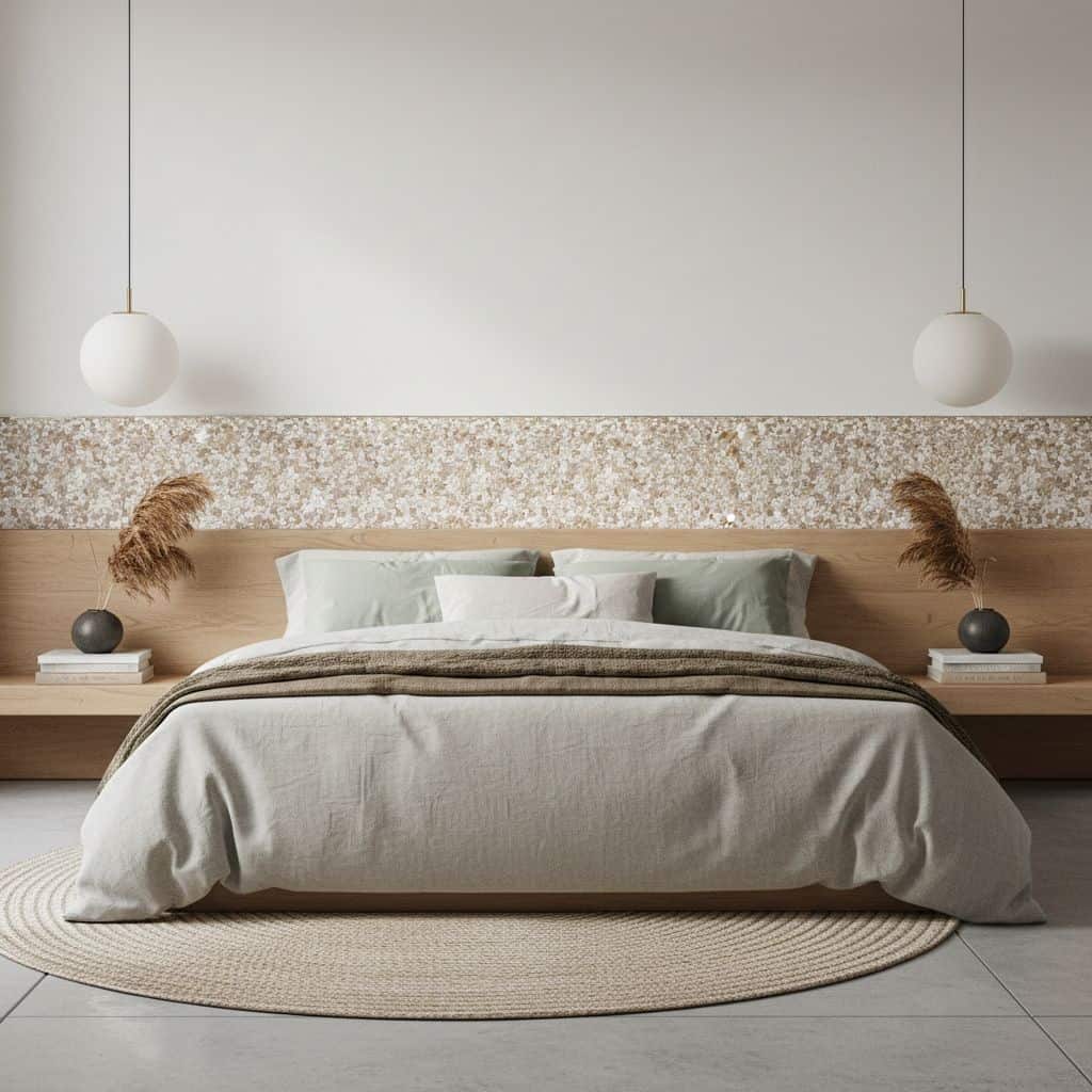 Neutral bedroom with beige textured wall behind the bed, minimalist decor, and soft lighting.