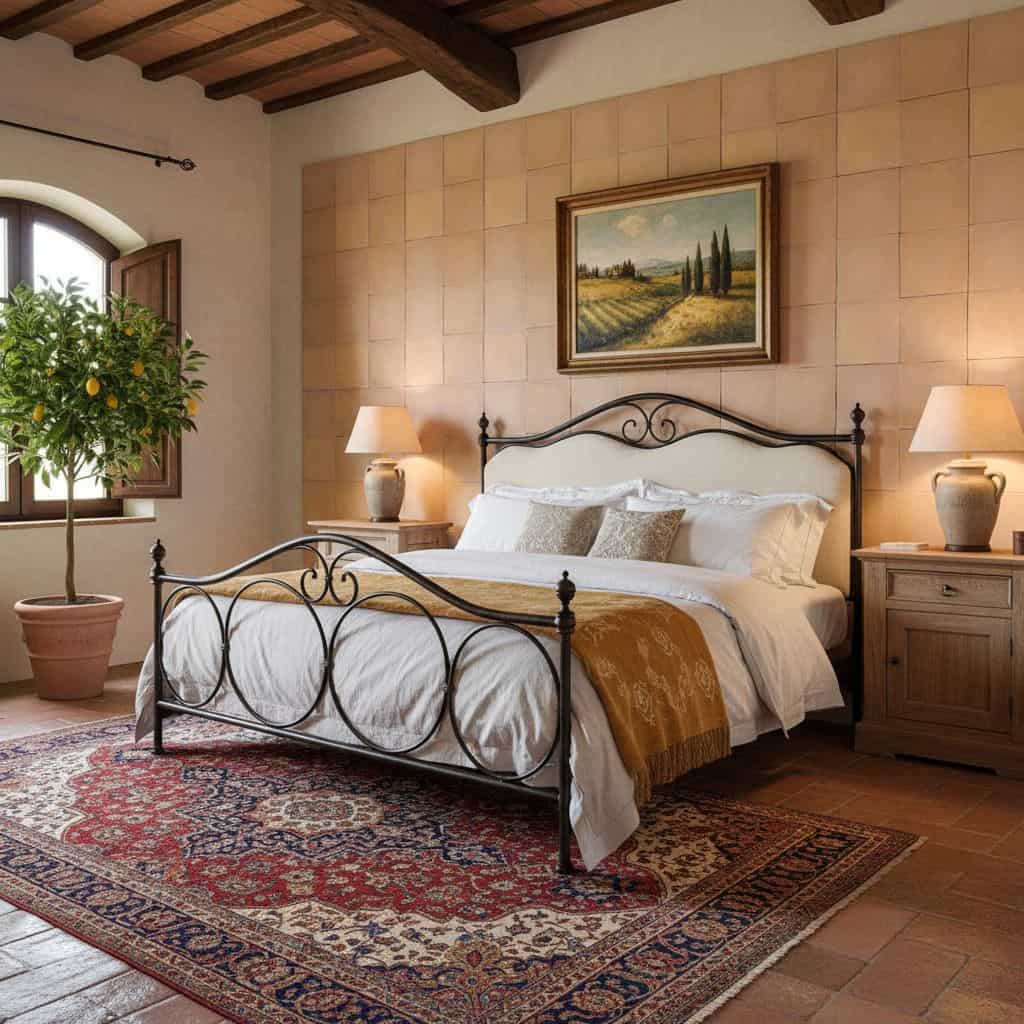 Cozy bedroom featuring a rustic tile wall behind the bed, wooden furniture, and warm lighting. Perfect for a charming, inviti.