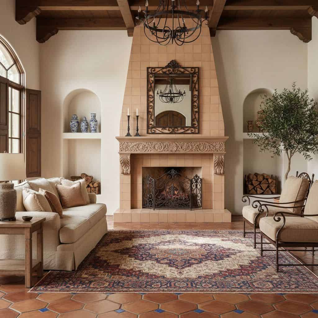 Warm terracotta tile fireplace with intricate carved mantel and rustic decor.