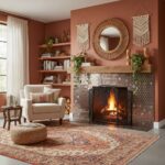 Warm-toned hexagon tile fireplace with a wooden mantel and decorative wall hangings.