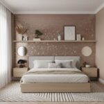 Rose gold hexagon tiles with a metallic finish, textured surface, used as a feature wall behind the bed.