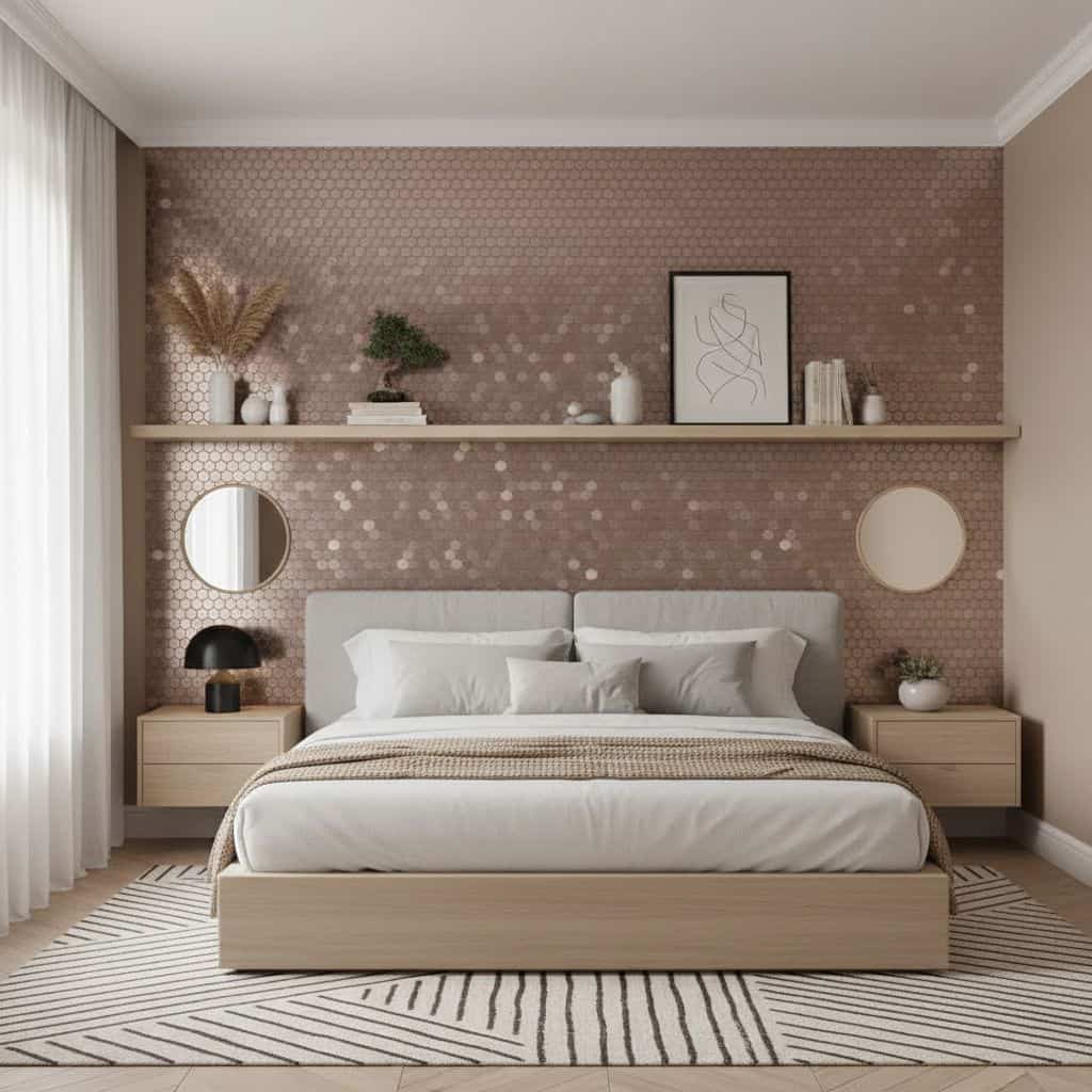 Rose gold hexagon tiles with a metallic finish, textured surface, used as a feature wall behind the bed.