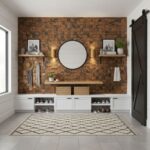 A textured, warm-toned brick tile wall with decorative shelves, mirror, and accessories in a modern entryway.