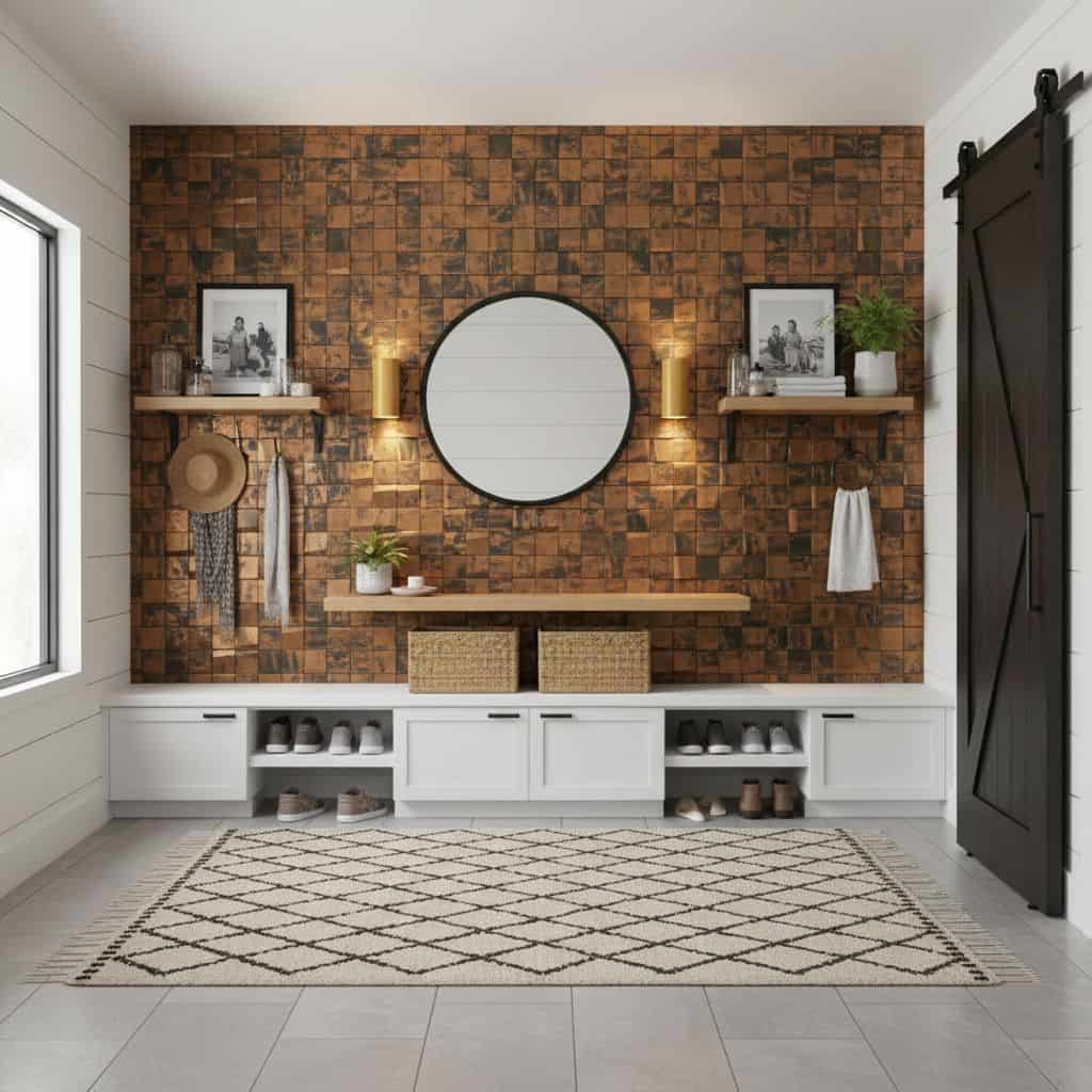 A textured, warm-toned brick tile wall with decorative shelves, mirror, and accessories in a modern entryway.