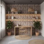 Beige textured tile wall with wooden shelves, potted plants, and warm lighting.
