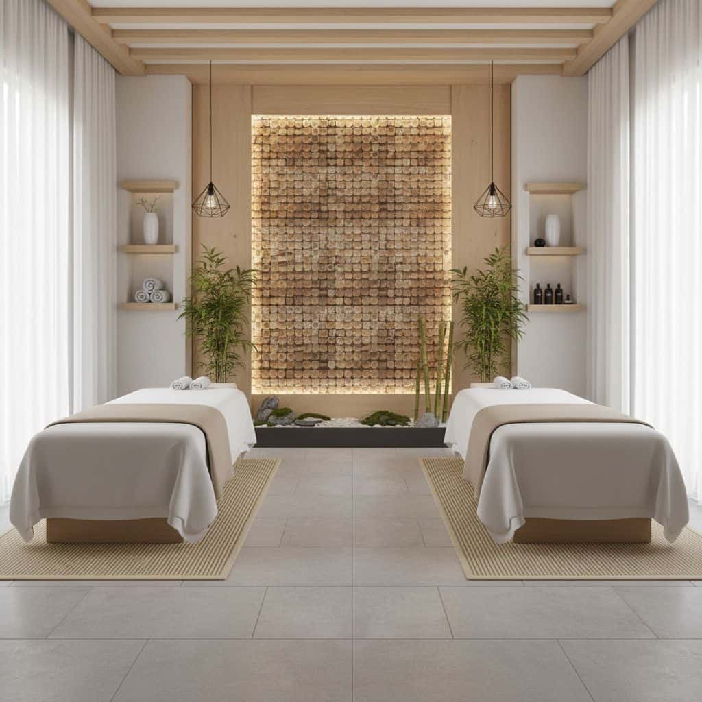 Calming massage room featuring beige and brown wooden tiles, soft lighting, and minimalist decor for a tranquil spa experienc.