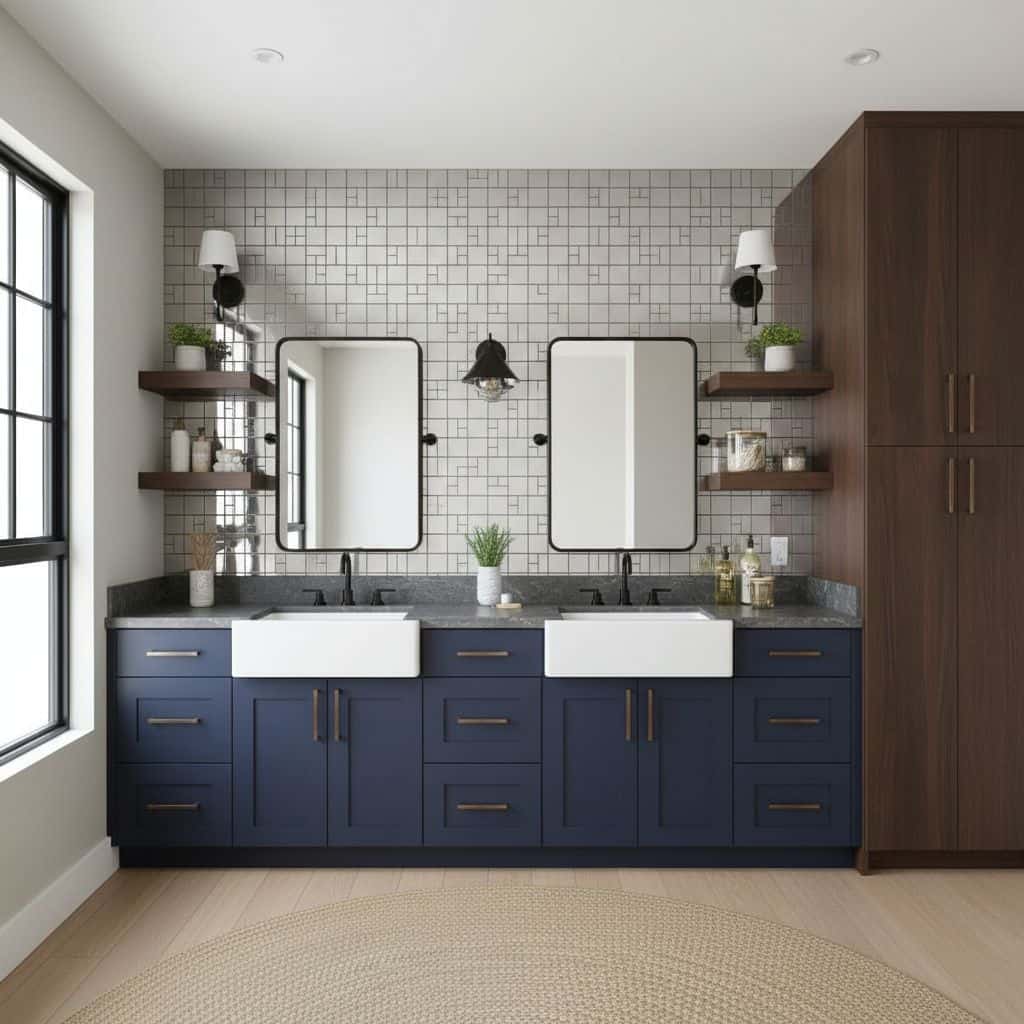 Navy blue tile with a textured surface, white ceramic sinks, and a neutral wall background.