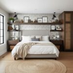 A cozy bedroom featuring a textured white tile wall with floating shelves, framed art, and decorative items, creating a styli.