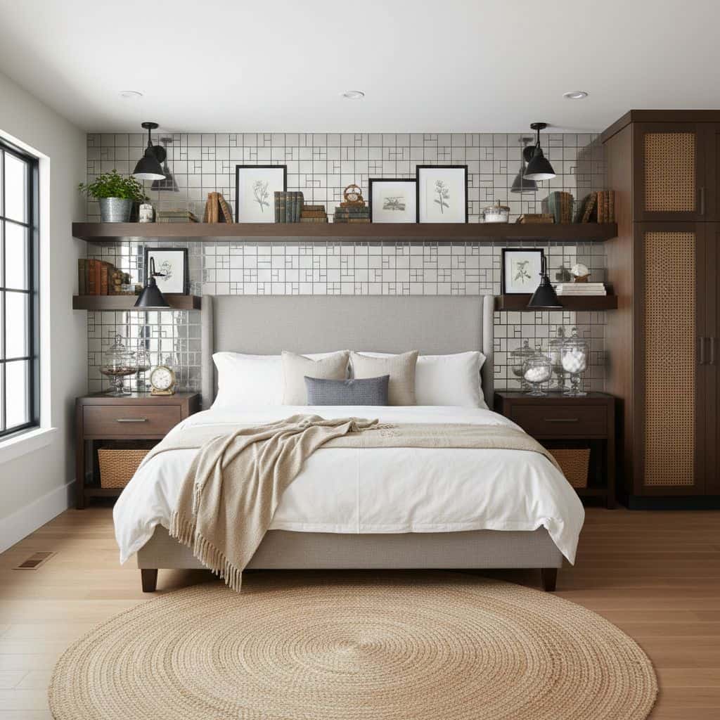 A cozy bedroom featuring a textured white tile wall with floating shelves, framed art, and decorative items, creating a styli.