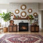 Bright, textured white tile with decorative gold mirrors and wooden accents.