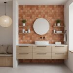 Terracotta ceramic tiles in warm earthy tones with matte finish, arranged in a grid pattern on bathroom wall.